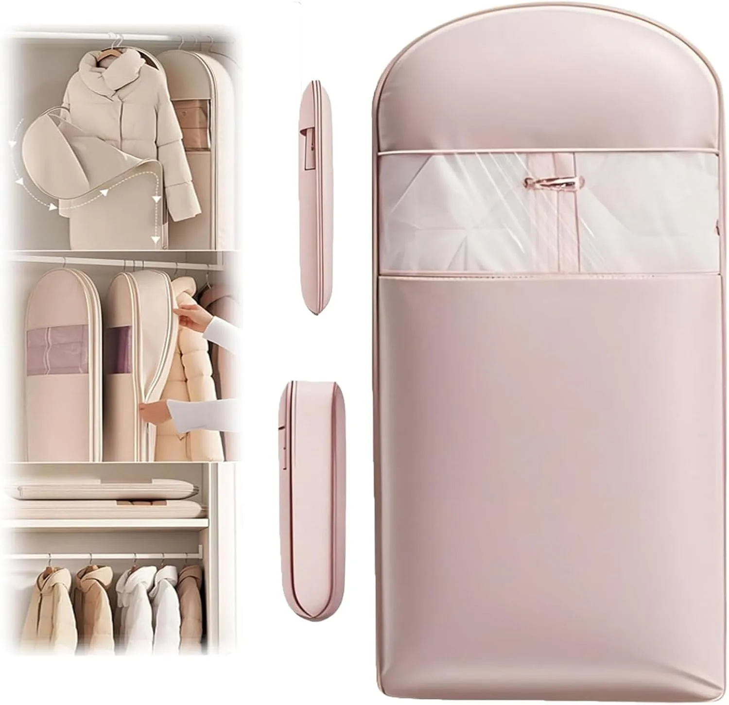 2025 New Space Saver Garment Hanging Bag with Self-Compression Zipper, Space Saver Garment Hanging Bag, Suitable for Coats, Suit, etc., Prevent Dust and Moisture, and Hang Neatly (Pink-S)