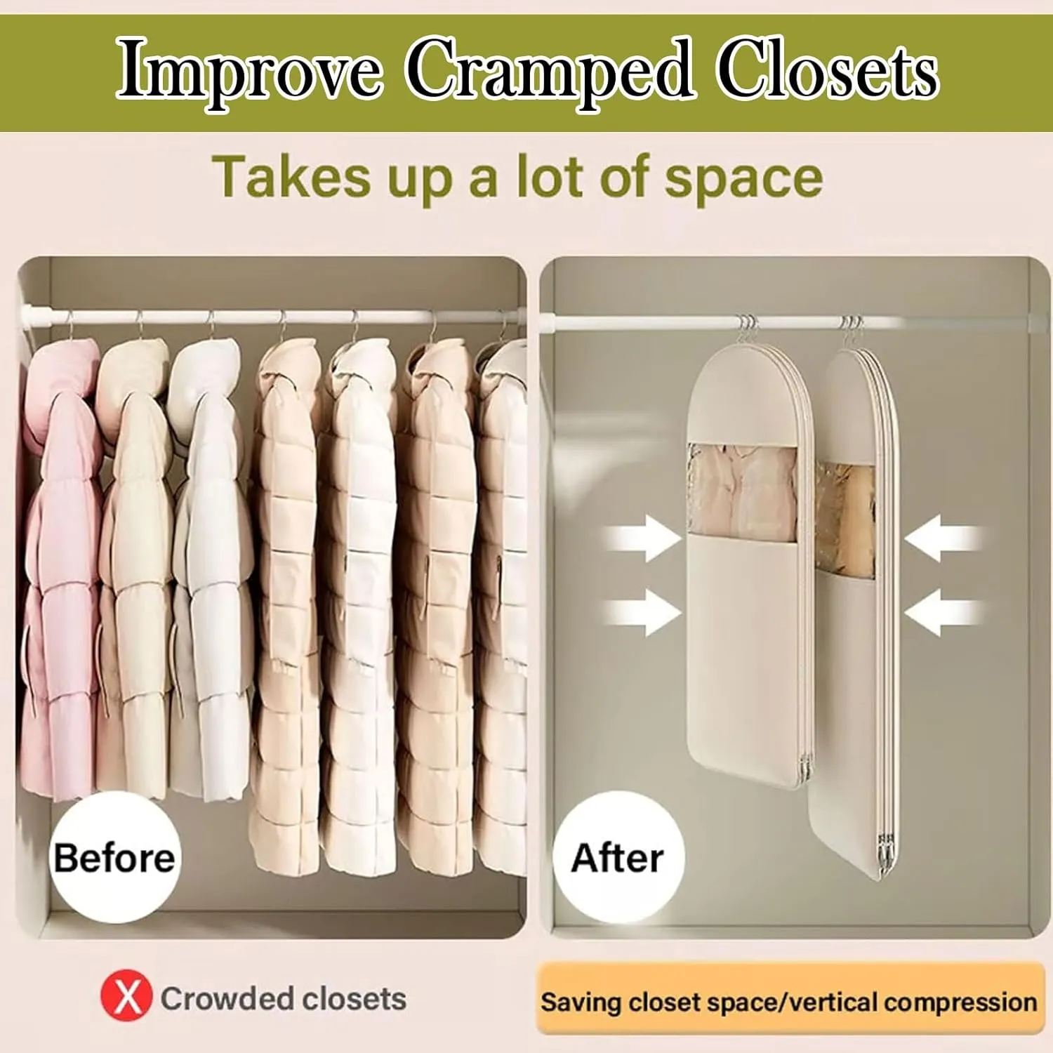 2025 New Space Saving Hanging Garment Bag with Self Compression Zipper, Space Saver Closet Organizer Protector, Dust & Moisture Proof Storage Cover Bags for Down Coat, Sweater (Pink*2,M)