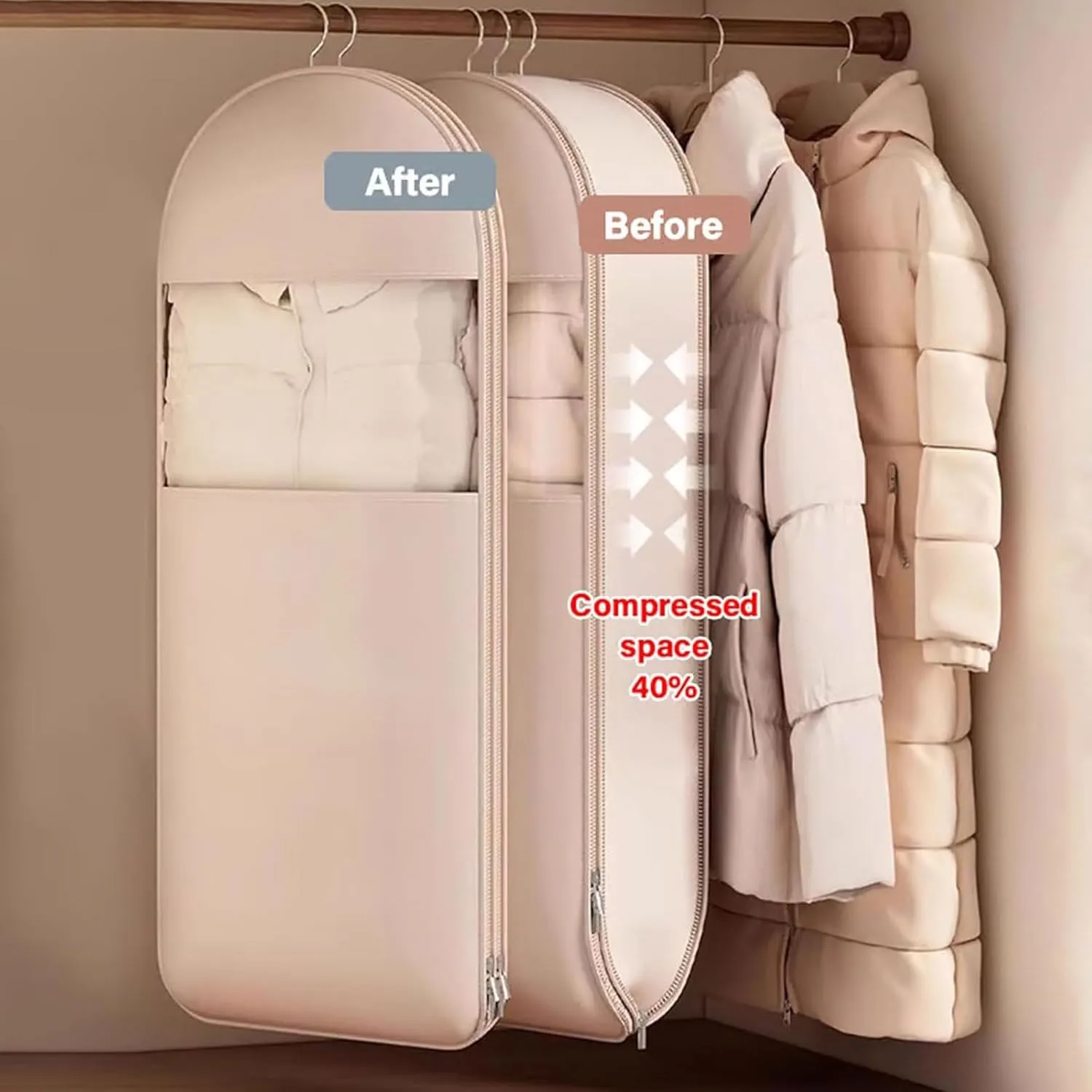 2025 New Space Saving Hanging Garment Bag with Self Compression Zipper, Space Saver Closet Organizer Protector, Dust & Moisture Proof Storage Cover Bags for Down Coat, Sweater (Pink*2,M)