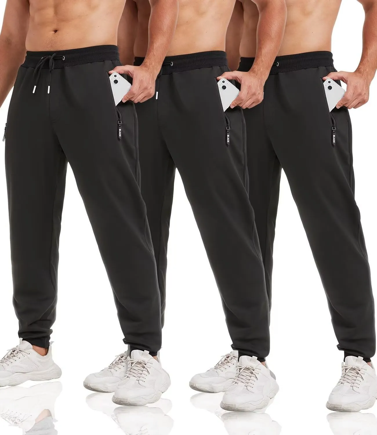 3 Pack Sweatpants for Men Tapered Mens Joggers Pants with Zip Pockets Fleece Slim Fit Workout Running Gym Sweat Pants