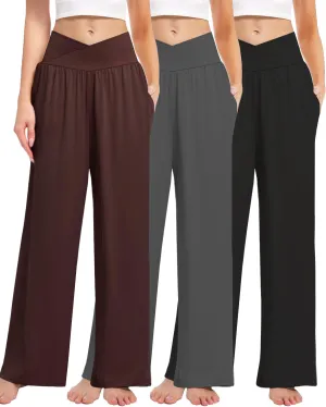 3 Pack Women's Wide Leg Pants Crossover with Pockets High Waist Loose Sweatpants Casual Lounge Yoga Workout Palazzo