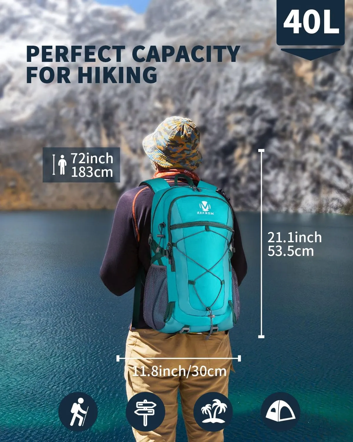 40L Hiking Backpack Lightweight Water Resistant Camping Outdoor Sport Trekking Travel Daypack for Men WomenLake Blue A