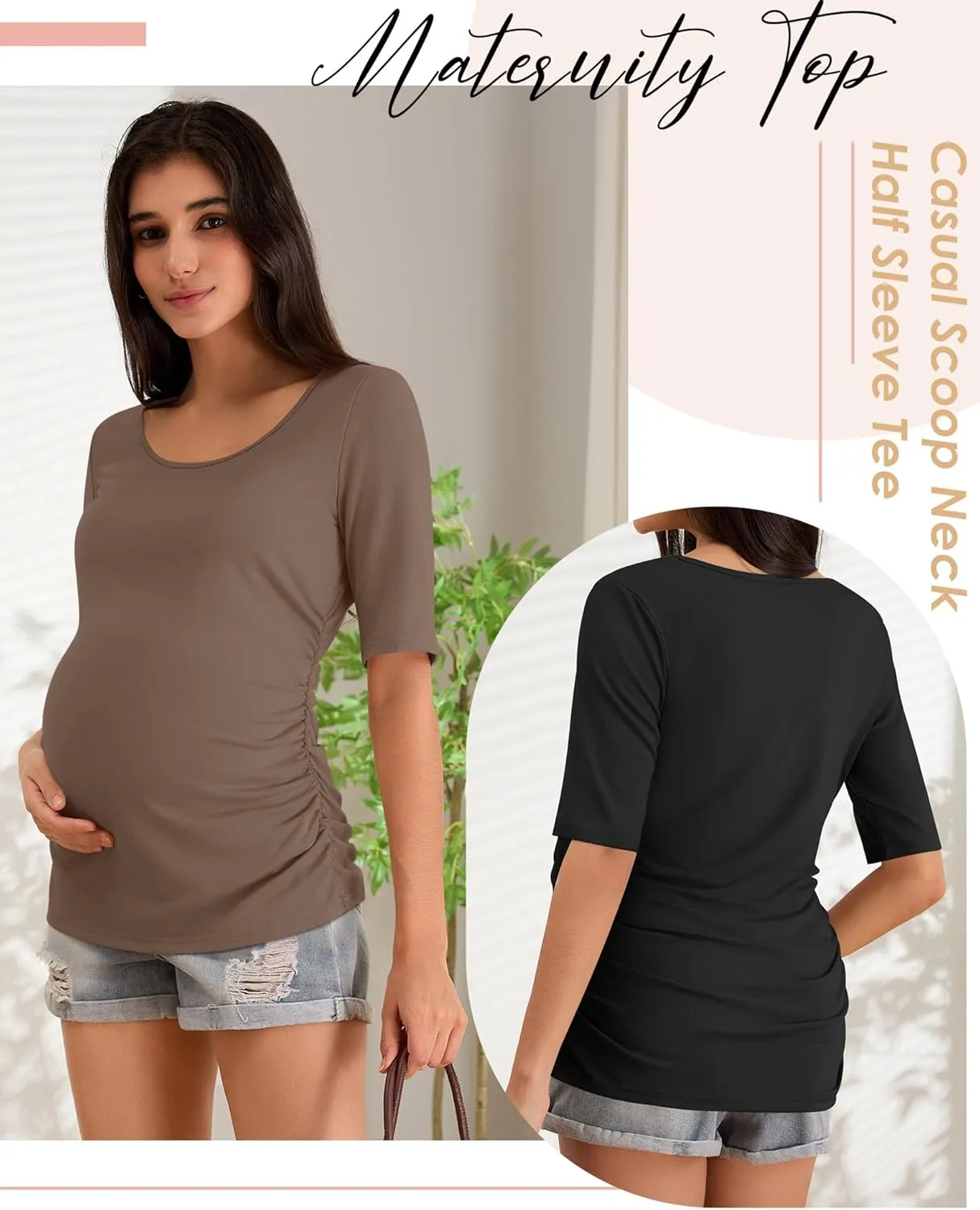5 Pack Women's Maternity Shirts, Scoop Neck Maternity Top Casual Half Sleeve Tee Side Ruched Pregnancy Clothes