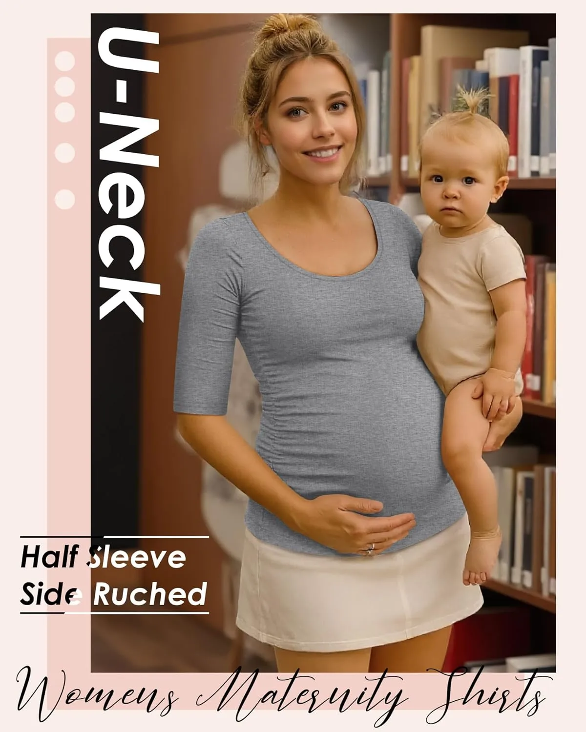 5 Pack Women's Maternity Shirts, Scoop Neck Maternity Top Casual Half Sleeve Tee Side Ruched Pregnancy Clothes