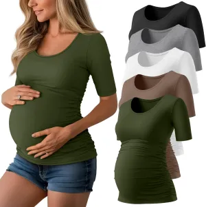5 Pack Women's Maternity Shirts, Scoop Neck Maternity Top Casual Half Sleeve Tee Side Ruched Pregnancy Clothes