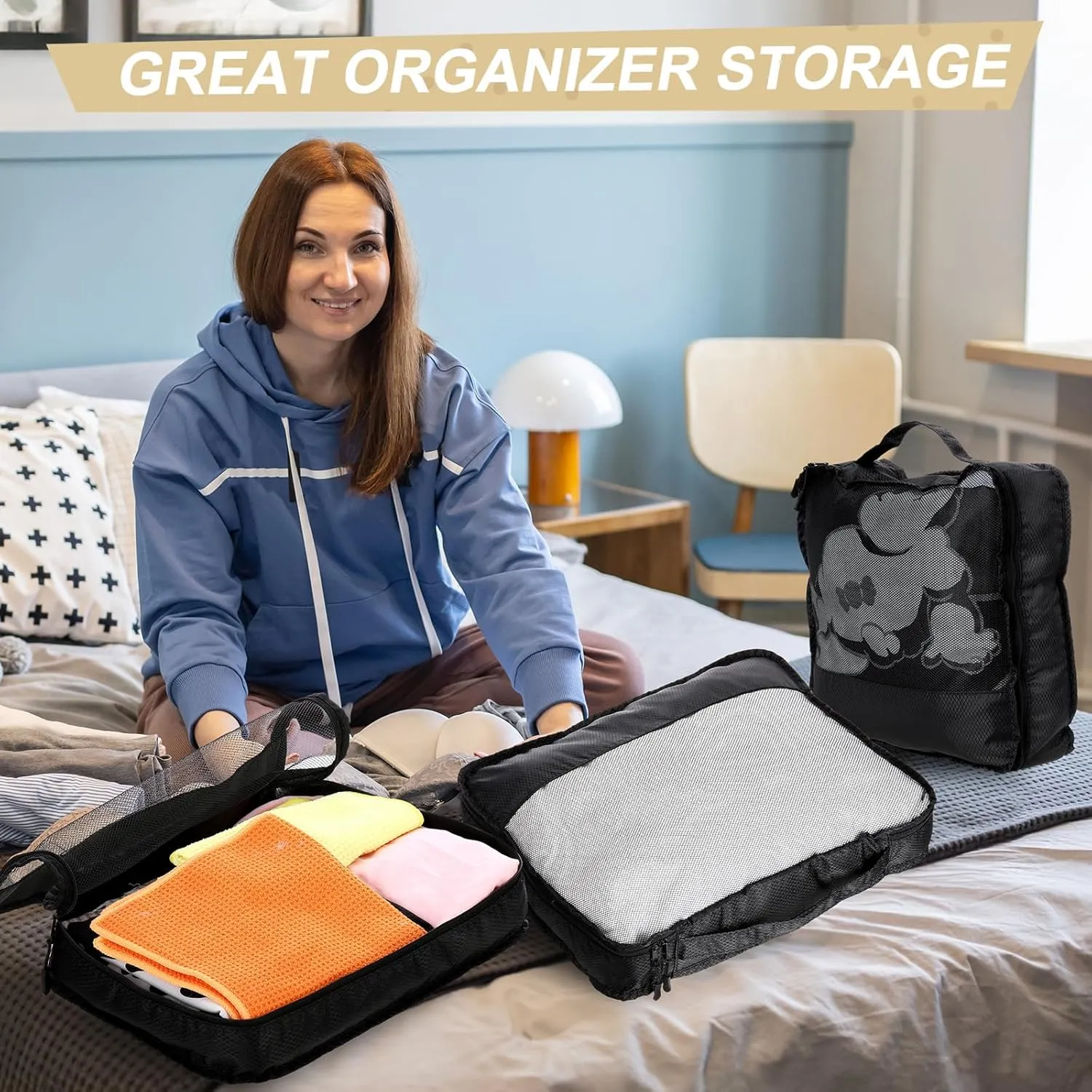 5 Pcs Packing Cubes for Suitcase Large Travel Cubes Carry on Luggage Organizer Bags for Clothes Accessories(Mixed,Black)