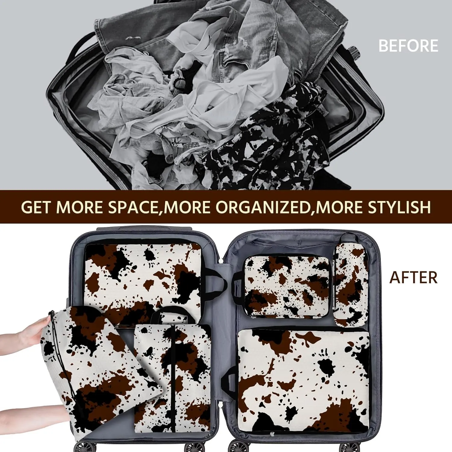 6 Pcs Compression Packing Cubes Waterproof Suitcase Travel Bag Luggage Backpack Organizer Travel Cubes for Packing-Cow Print