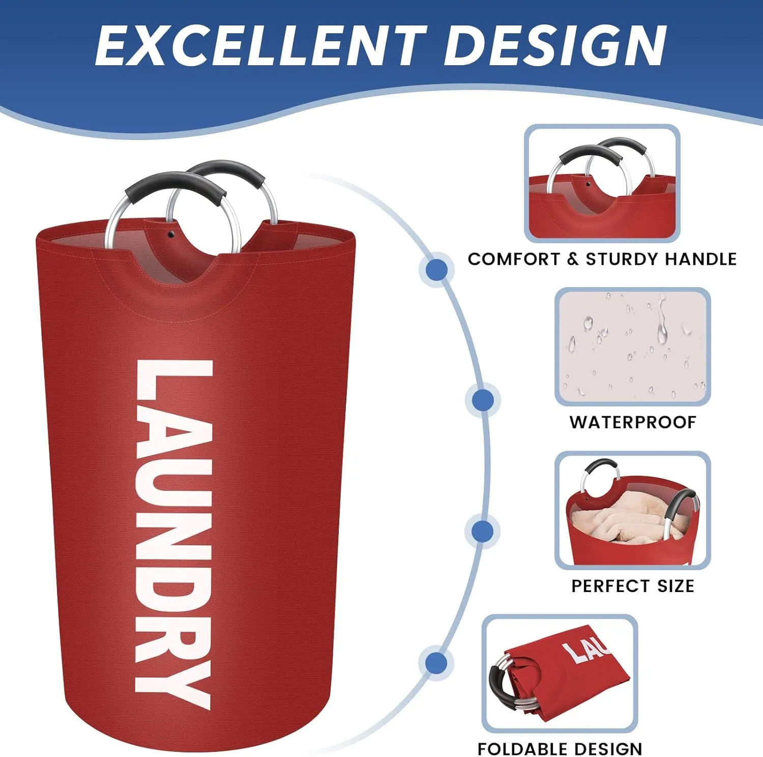 90L Large Laundry Basket, Freestanding Waterproof Laundry Hamper, Collapsible Folding Tall Clothes Hamper, Easy Carry with Foam Protected Aluminum Handles for Dorm, Family, Travel (Red)