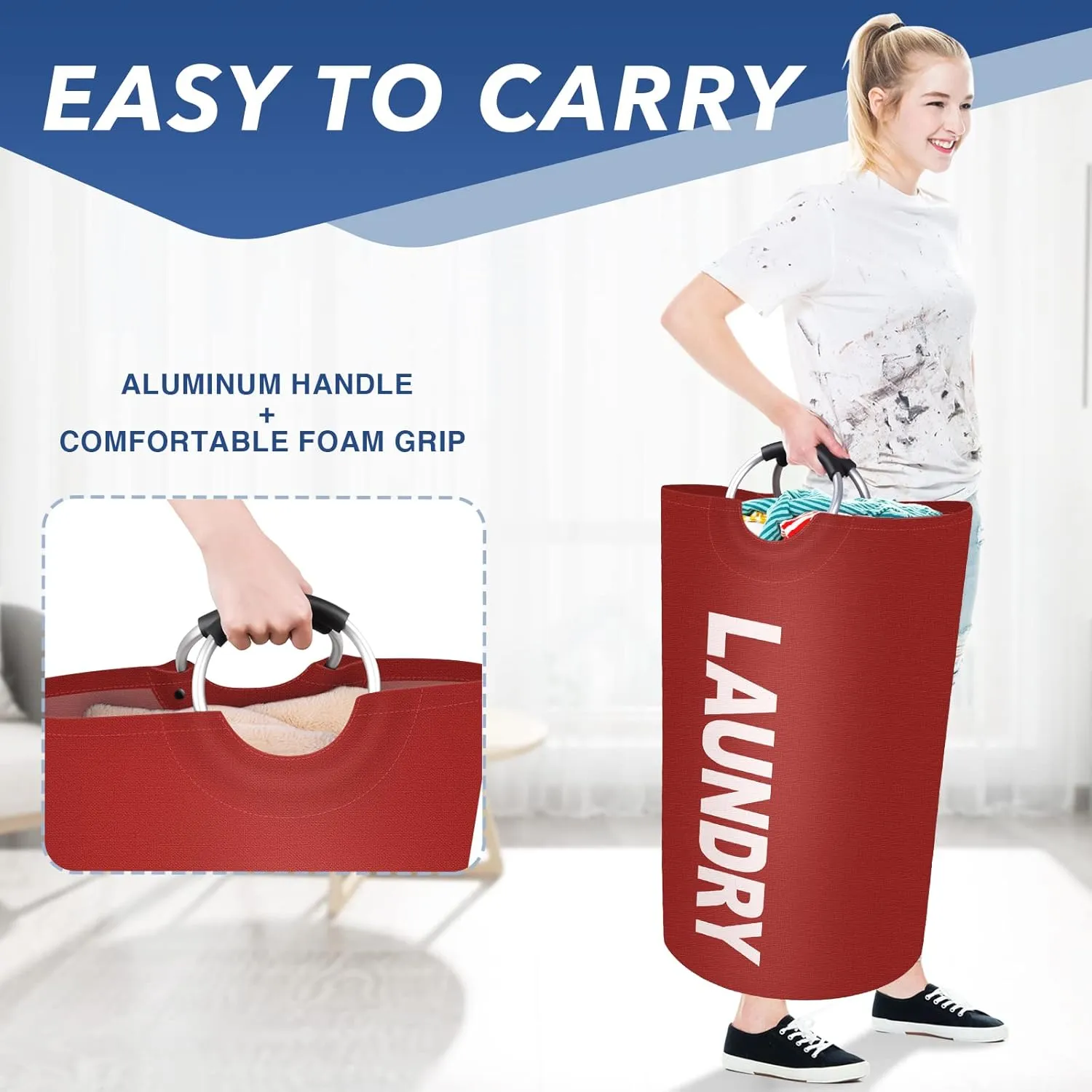 90L Large Laundry Basket, Freestanding Waterproof Laundry Hamper, Collapsible Folding Tall Clothes Hamper, Easy Carry with Foam Protected Aluminum Handles for Dorm, Family, Travel (Red)