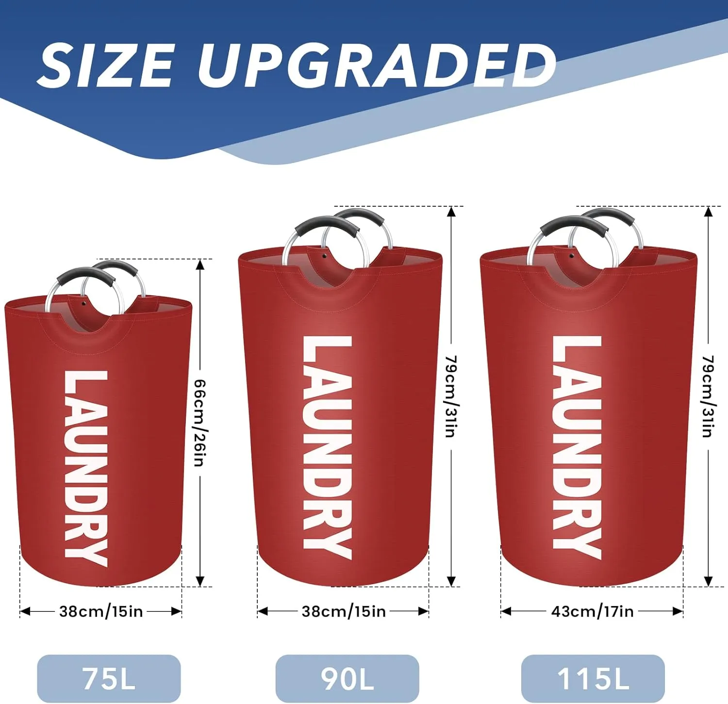 90L Large Laundry Basket, Freestanding Waterproof Laundry Hamper, Collapsible Folding Tall Clothes Hamper, Easy Carry with Foam Protected Aluminum Handles for Dorm, Family, Travel (Red)