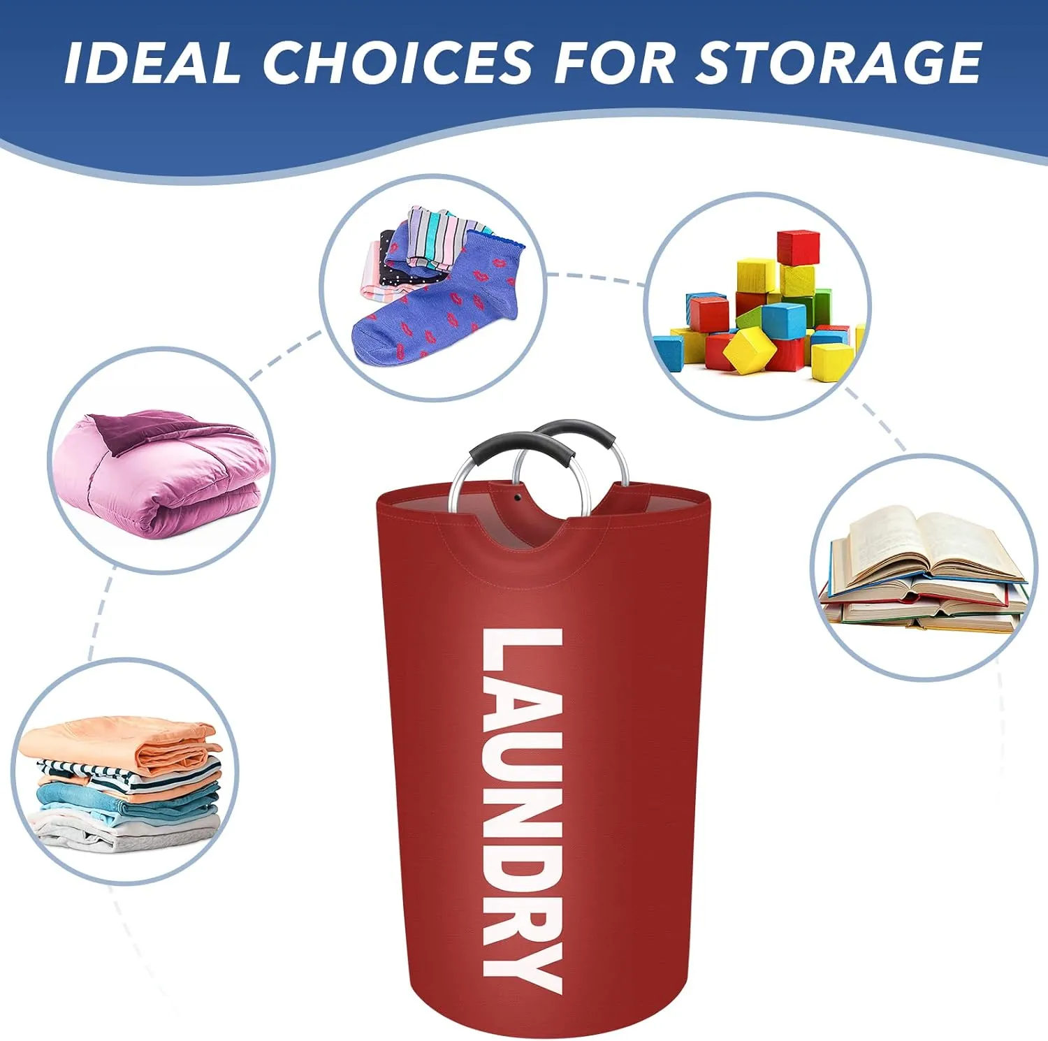 90L Large Laundry Basket, Freestanding Waterproof Laundry Hamper, Collapsible Folding Tall Clothes Hamper, Easy Carry with Foam Protected Aluminum Handles for Dorm, Family, Travel (Red)