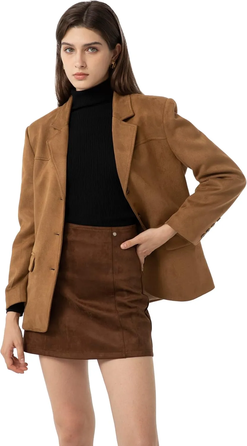 Ababalaya Women's Faux Suede Blazer Thick Jacket 2024 Fall Fashion Casual Coat