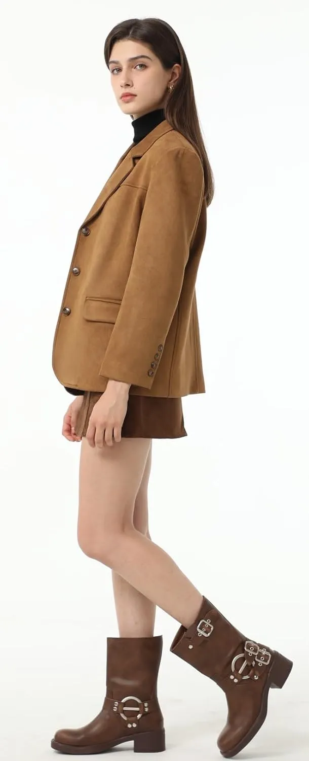 Ababalaya Women's Faux Suede Blazer Thick Jacket 2024 Fall Fashion Casual Coat