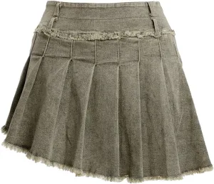 Aelfric Eden Womens Pleated Denim Skirt Casual Short Vintage Washed Fashion A Line Jean Skirts