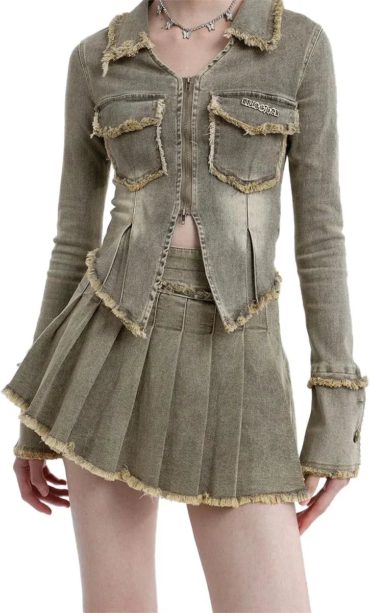 Aelfric Eden Womens Pleated Denim Skirt Casual Short Vintage Washed Fashion A Line Jean Skirts