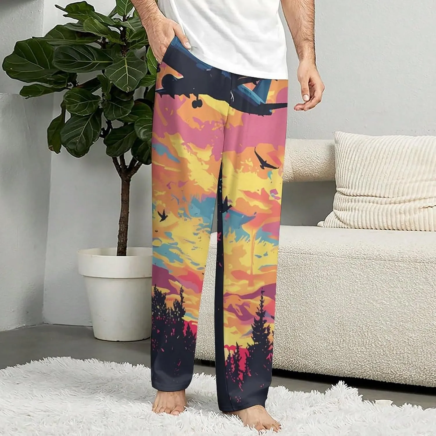 Airplane Sunset Pajamas for Adult Bottoms Lounge Pants Sleepwear Loungewear with Elastic Waistband Unisex
