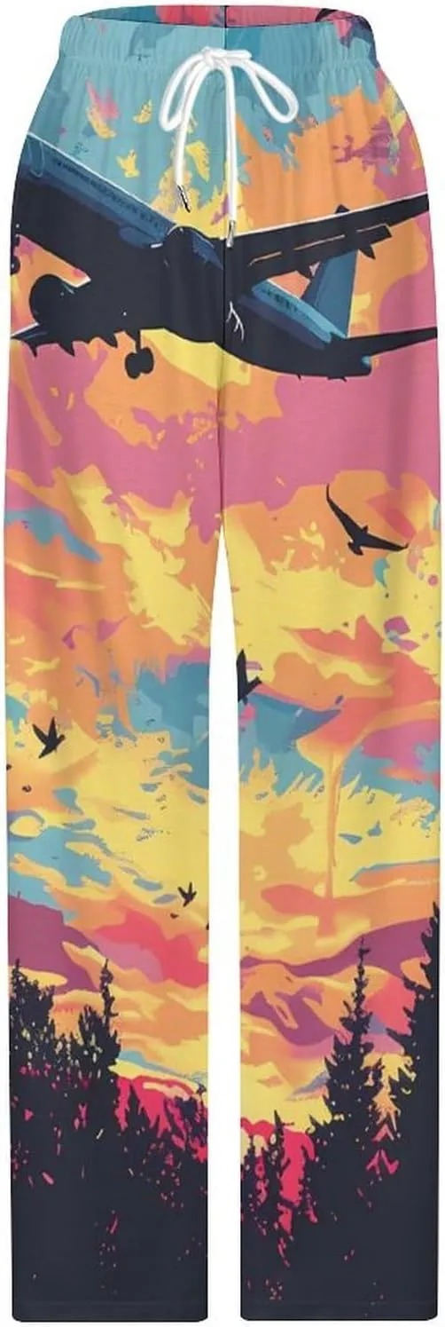 Airplane Sunset Pajamas for Adult Bottoms Lounge Pants Sleepwear Loungewear with Elastic Waistband Unisex