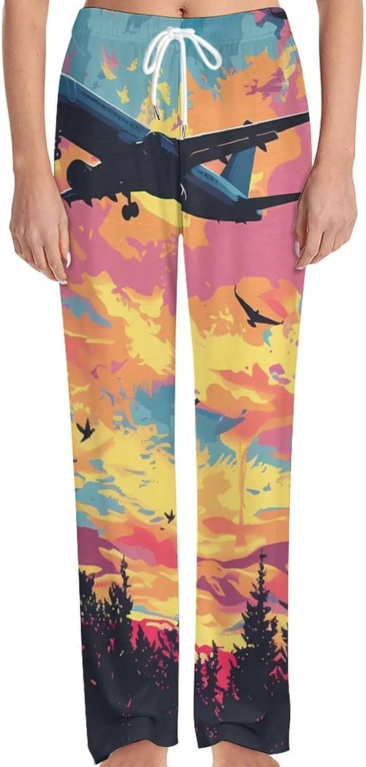 Airplane Sunset Pajamas for Adult Bottoms Lounge Pants Sleepwear Loungewear with Elastic Waistband Unisex