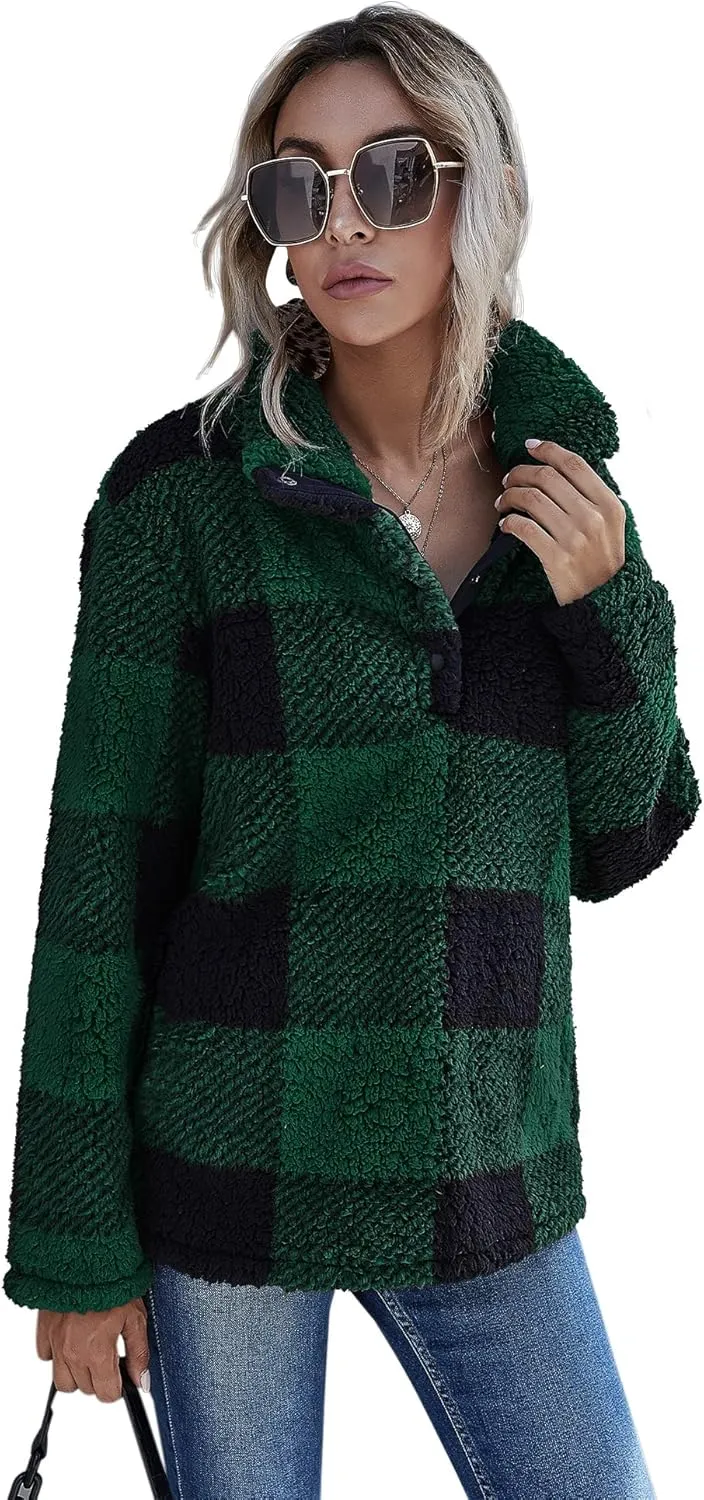 AKEWEI Women Faux Fleece Sweatshirt Fuzzy Button Pullover Coat with Pocket
