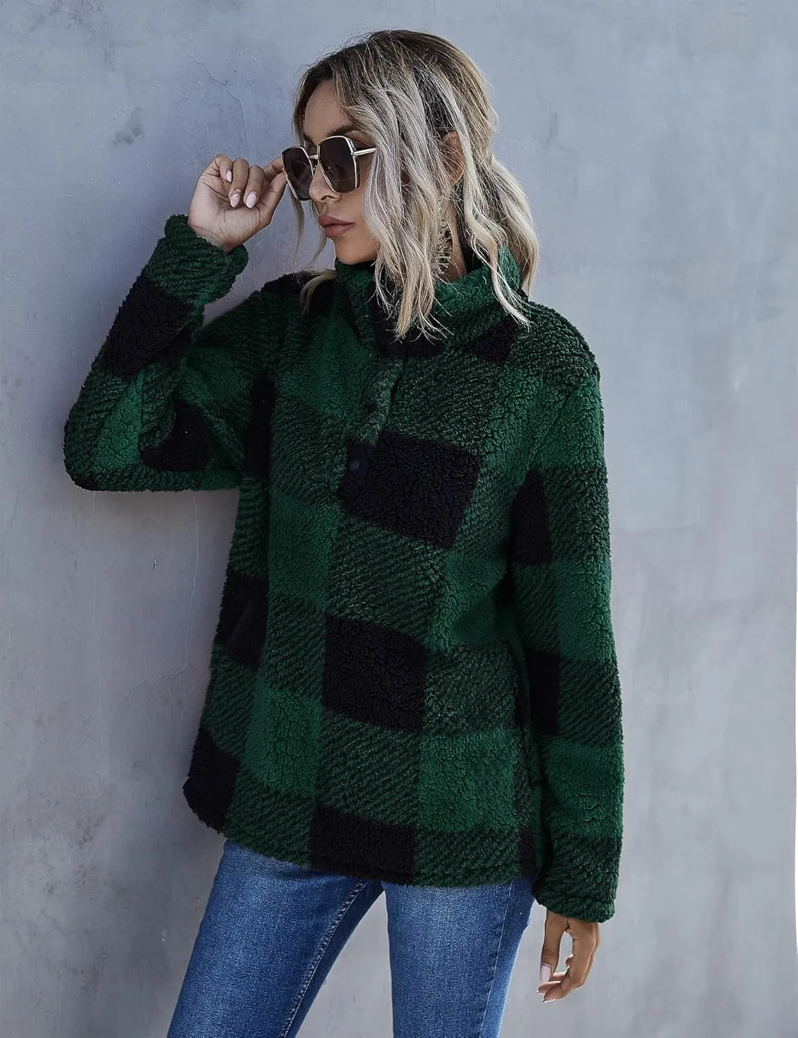AKEWEI Women Faux Fleece Sweatshirt Fuzzy Button Pullover Coat with Pocket