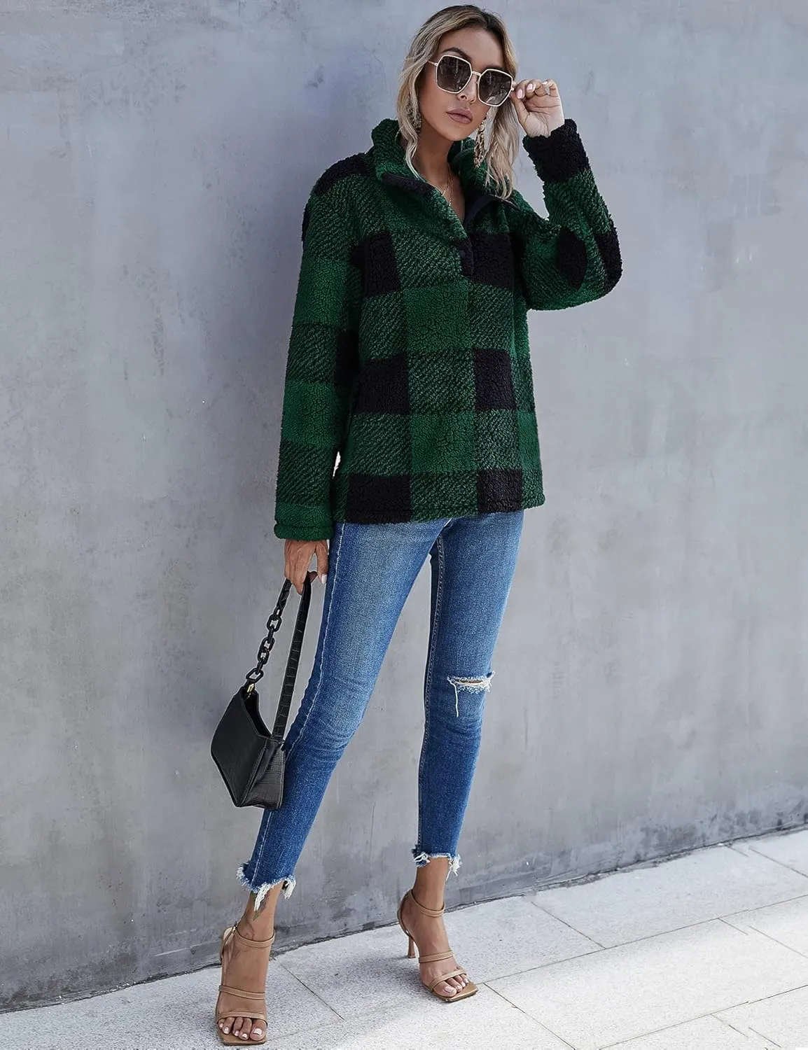 AKEWEI Women Faux Fleece Sweatshirt Fuzzy Button Pullover Coat with Pocket