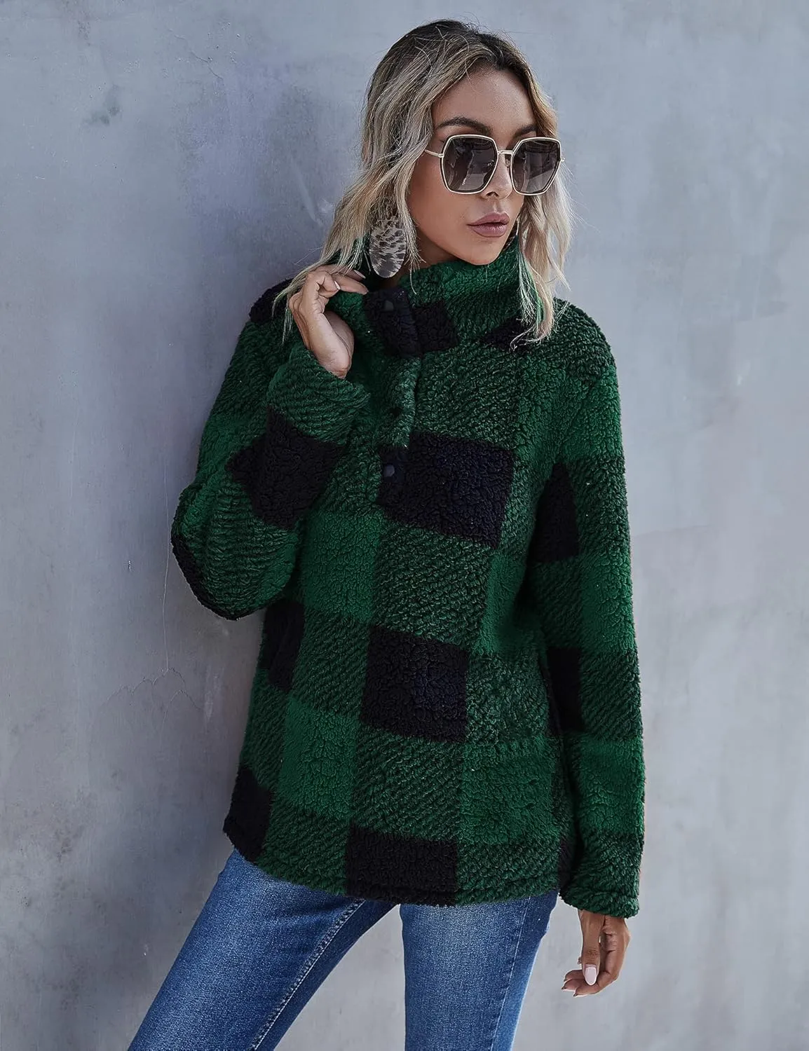 AKEWEI Women Faux Fleece Sweatshirt Fuzzy Button Pullover Coat with Pocket