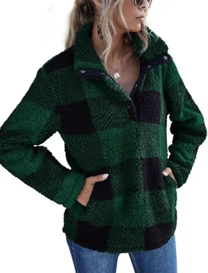 AKEWEI Women Faux Fleece Sweatshirt Fuzzy Button Pullover Coat with Pocket