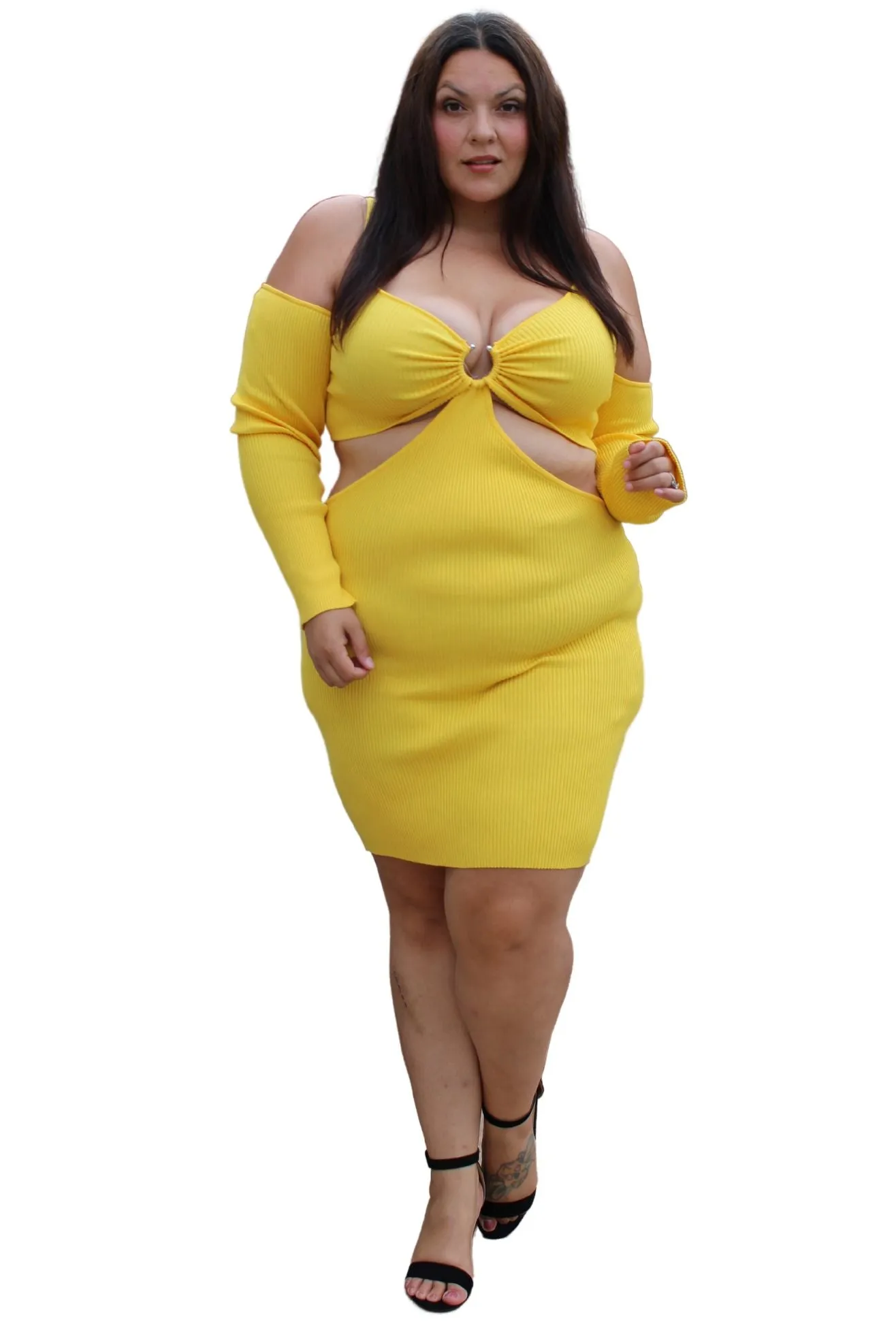 Almost Famous Yellow Long Sleeve Cut Out Dress, Size2X
