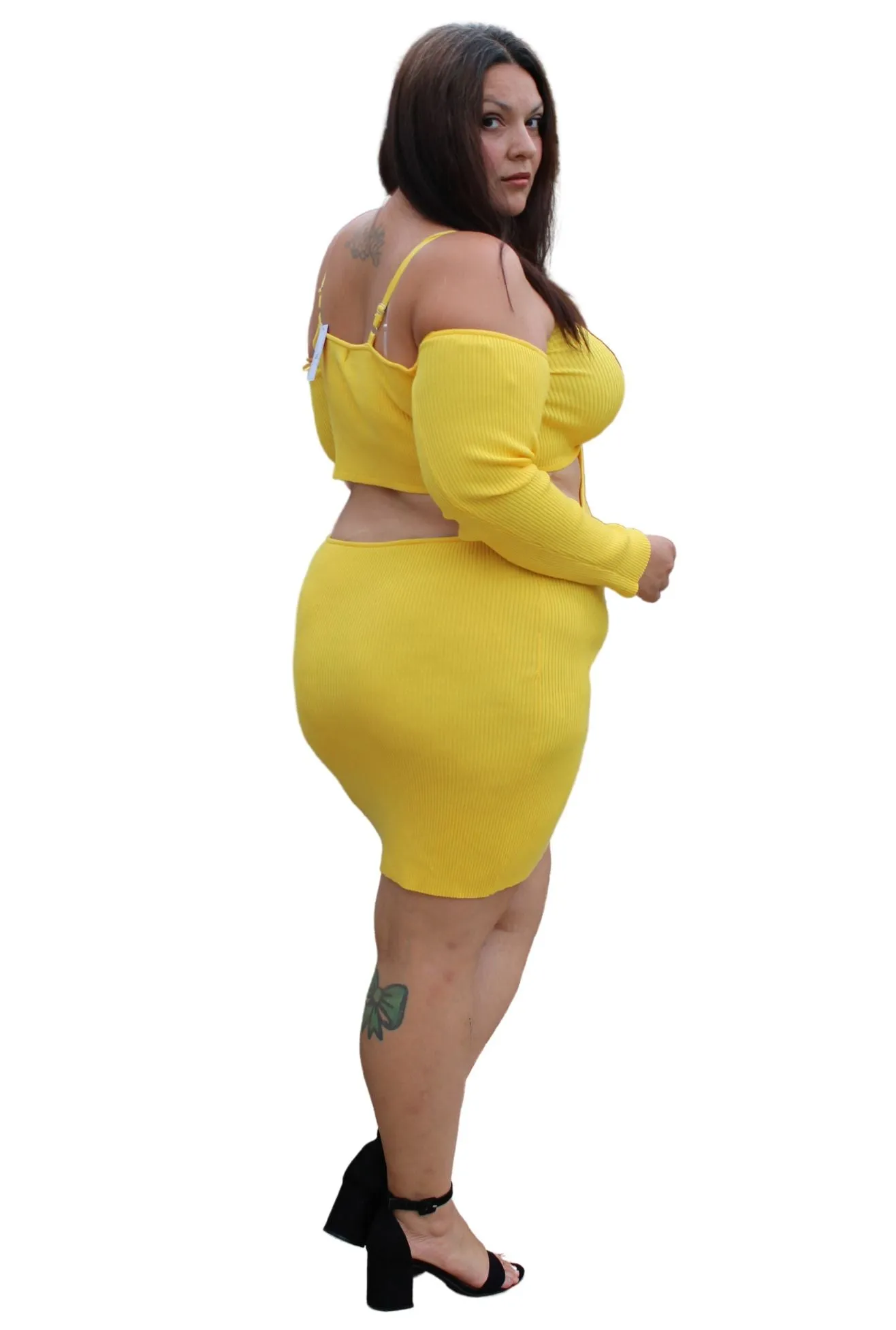 Almost Famous Yellow Long Sleeve Cut Out Dress, Size2X