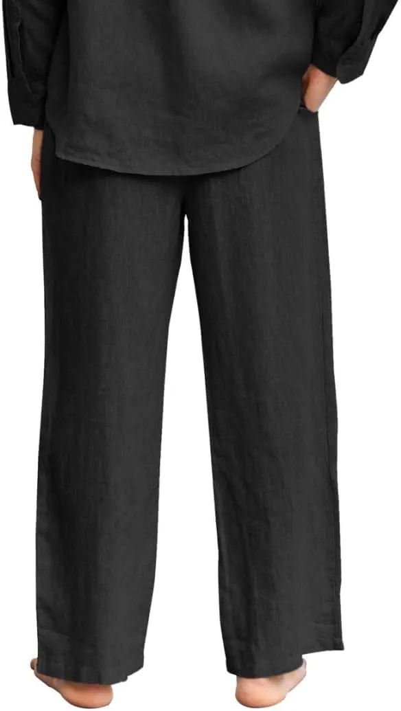 Amazhiyu Men's 100% Linen Summer Casual Elastic Drawstring Loose Pants Pockets