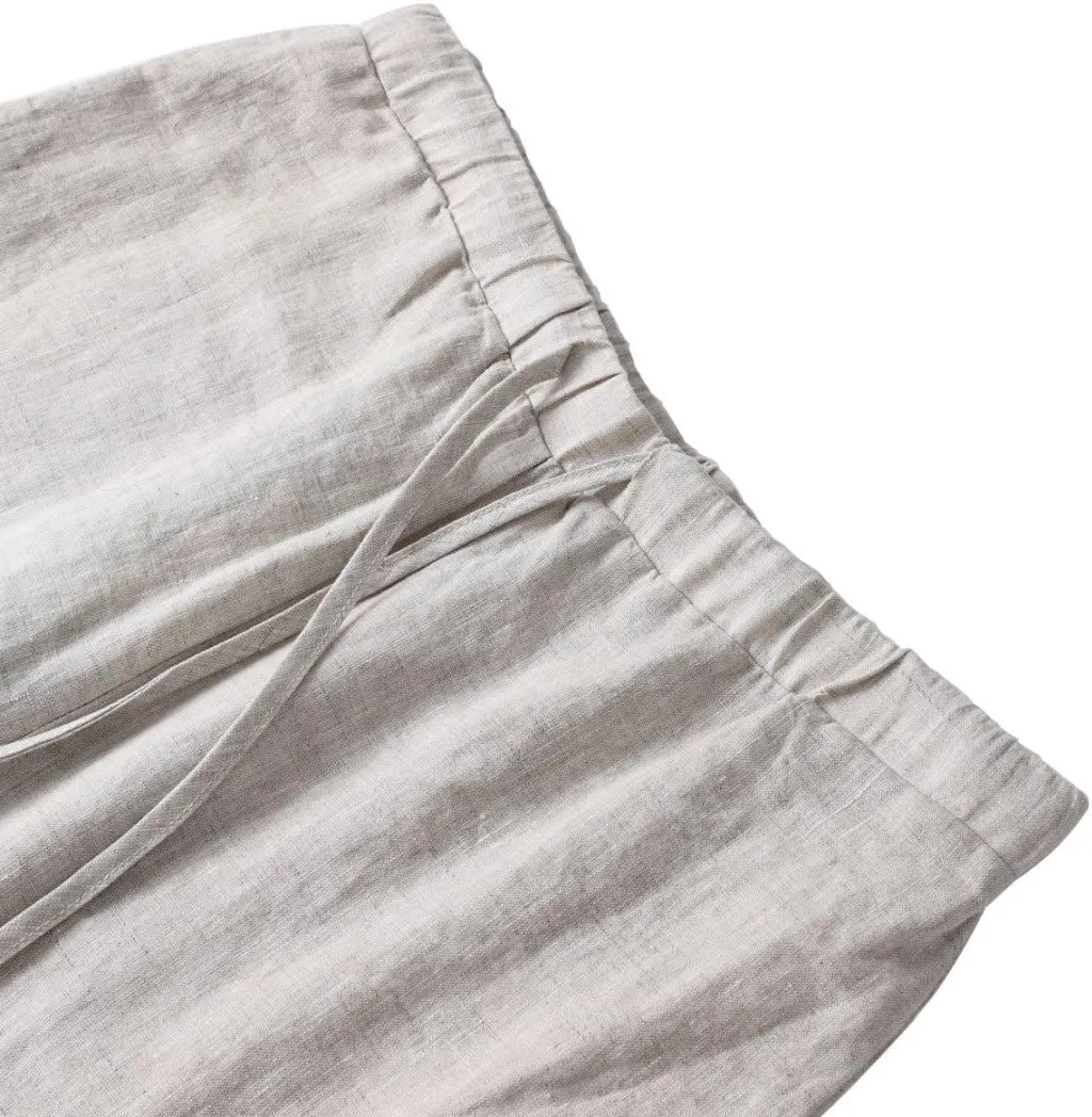 Amazhiyu Men's 100% Linen Summer Casual Elastic Drawstring Loose Pants Pockets