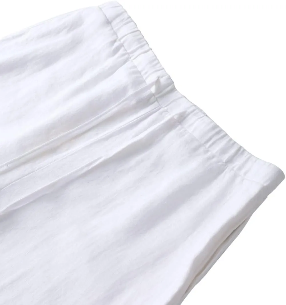 Amazhiyu Men's 100% Linen Summer Casual Elastic Drawstring Loose Pants Pockets