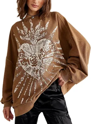 Amiblvowa Graphic Oversized Sweatshirt for Women Y2k Long Sleeve Crewneck Drop Shoulder Loose Sweater Vintage Streetwear