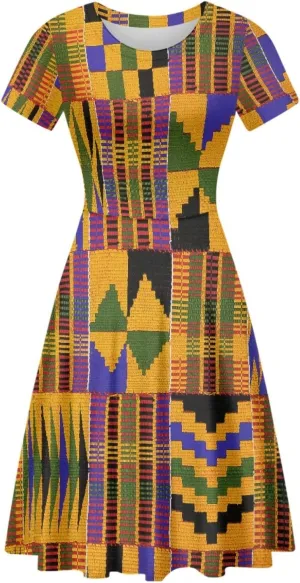 AmzPrint Kente African Ethnic Tribal Print Short Dress for Women Plus Size Colorful Bright Triangle Geometric Dress
