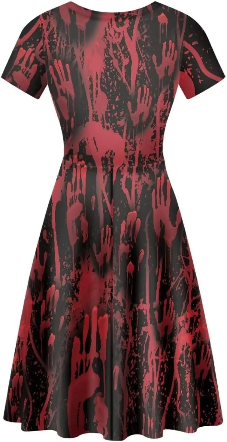 Amzprint Purple Tunic Bodycon Midi Swing Halloween Party Dress for Women Plus Size High Waist Short Sleeve Pleated Dress