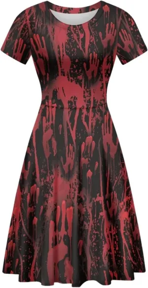 Amzprint Purple Tunic Bodycon Midi Swing Halloween Party Dress for Women Plus Size High Waist Short Sleeve Pleated Dress