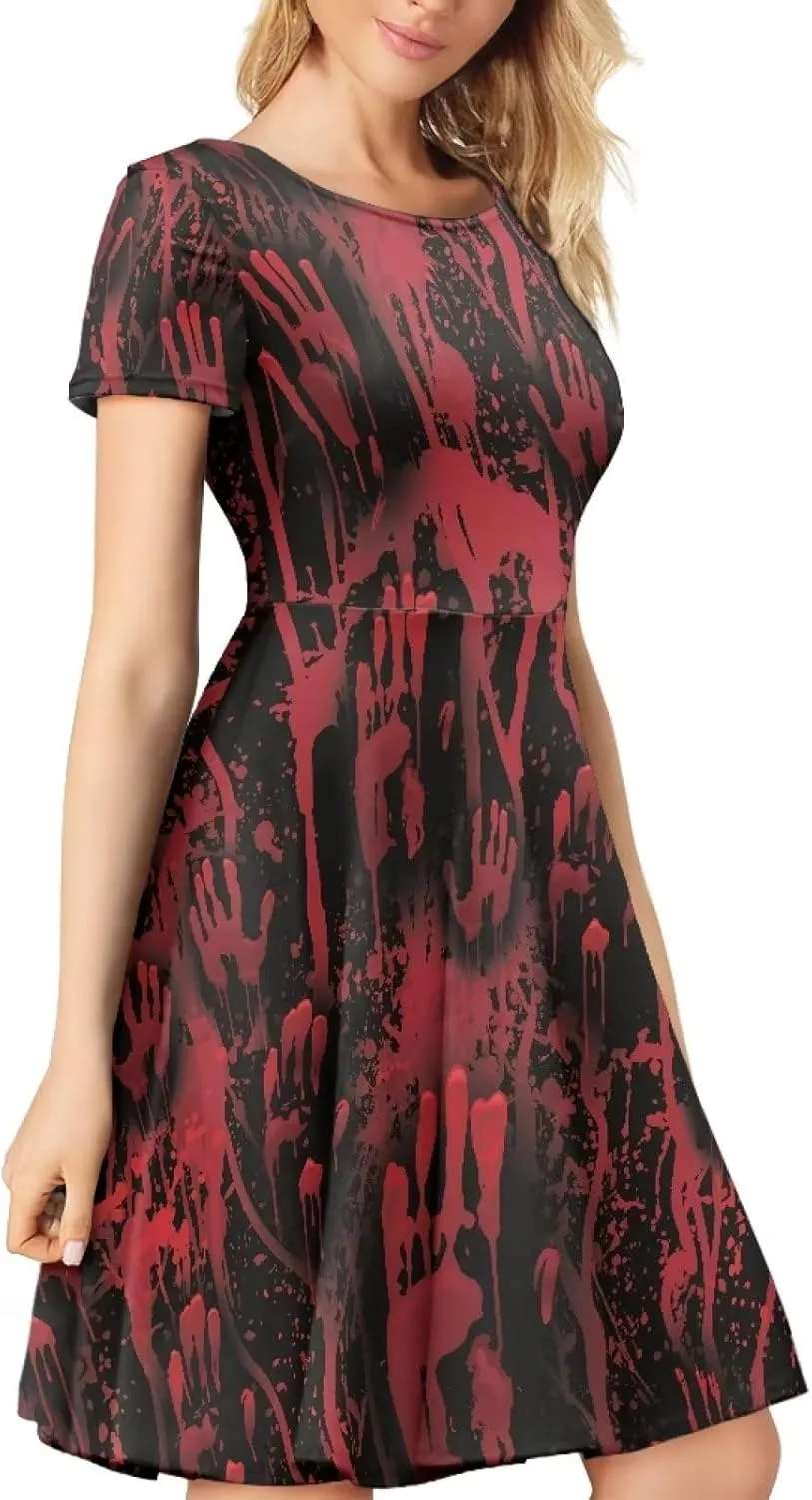 Amzprint Purple Tunic Bodycon Midi Swing Halloween Party Dress for Women Plus Size High Waist Short Sleeve Pleated Dress
