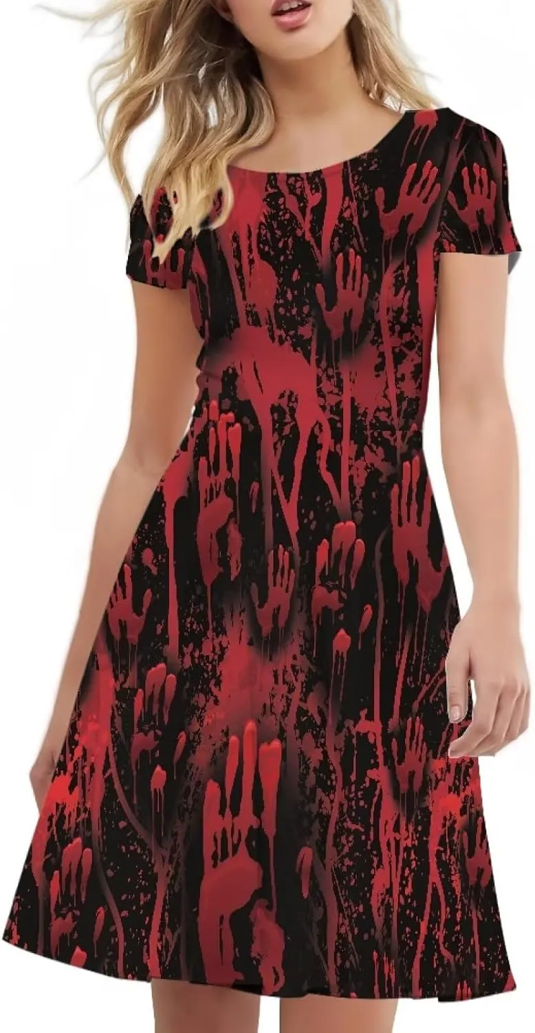 Amzprint Purple Tunic Bodycon Midi Swing Halloween Party Dress for Women Plus Size High Waist Short Sleeve Pleated Dress