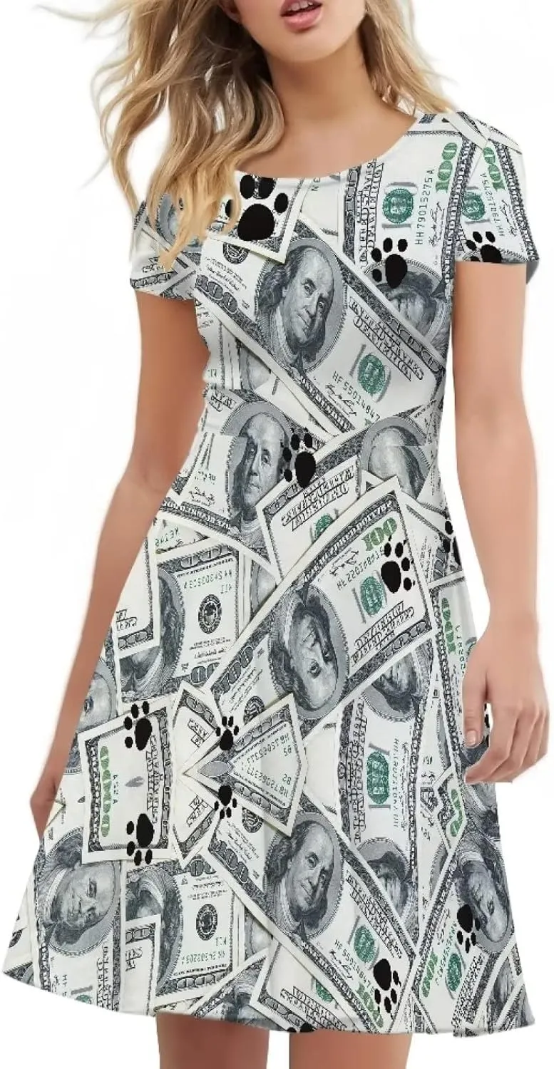 AmzPrint Women's Black and White Cow Print Dress Funny Milk Cow Themed Party Costume Mini Swing Tunic Sunflower Floral Dress