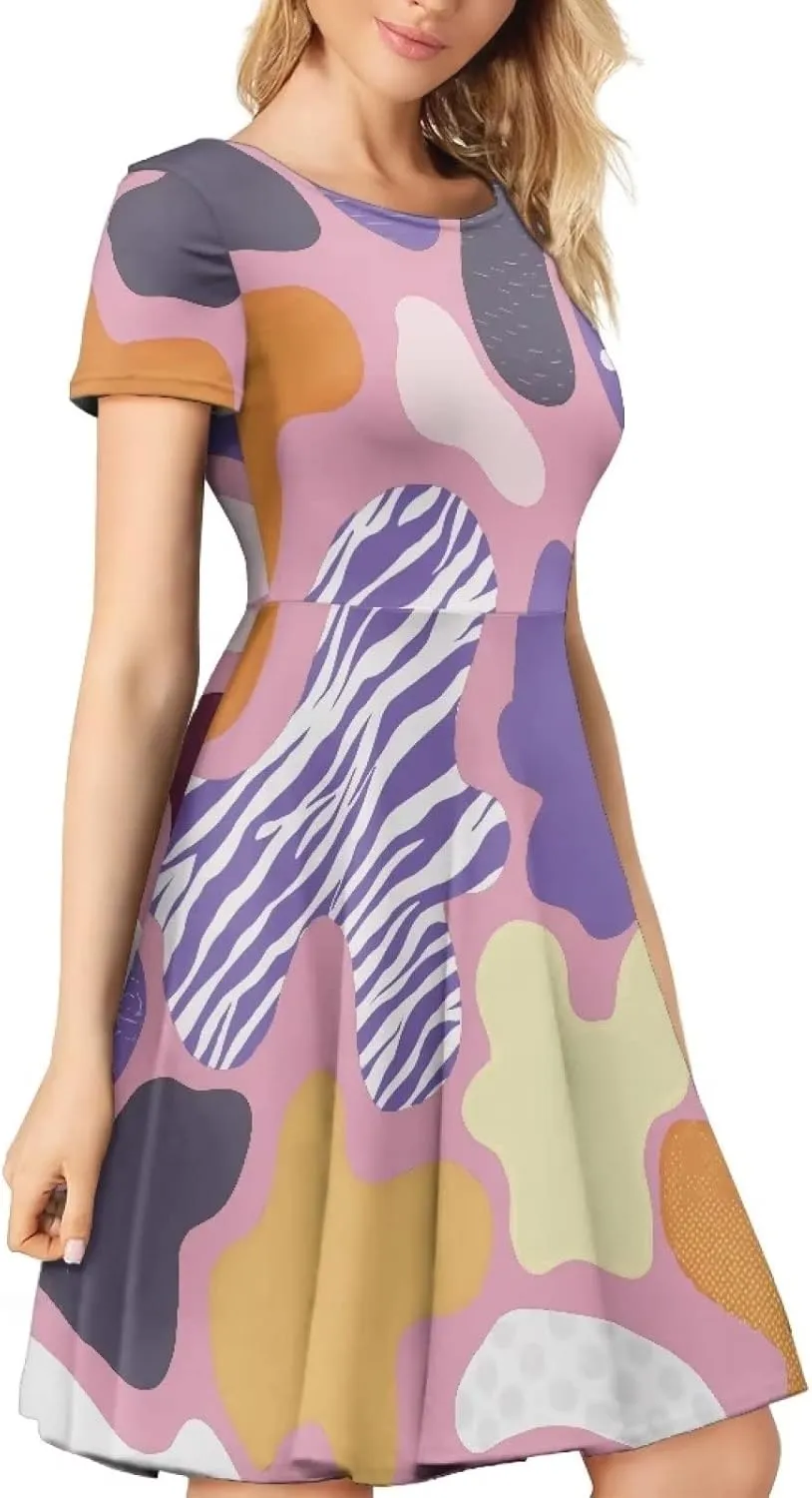 AmzPrint Women's Black and White Cow Print Dress Funny Milk Cow Themed Party Costume Mini Swing Tunic Sunflower Floral Dress