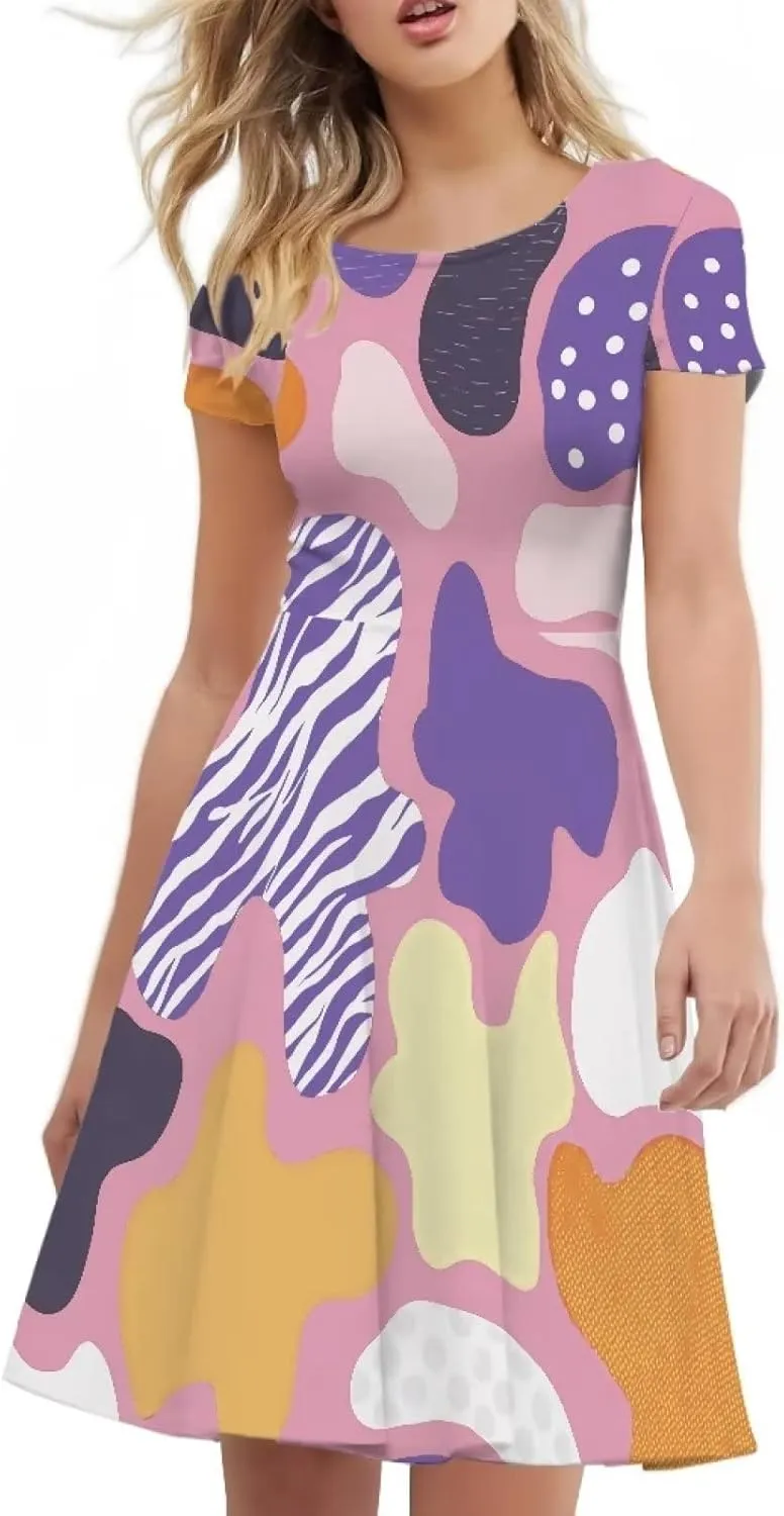 AmzPrint Women's Black and White Cow Print Dress Funny Milk Cow Themed Party Costume Mini Swing Tunic Sunflower Floral Dress