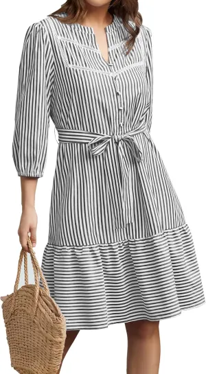 Angashion Women Striped Shirt Dress: Casual V Neck Button Down 3/4 Sleeve Belted Midi Dress Ruffle Flowy with Pockets