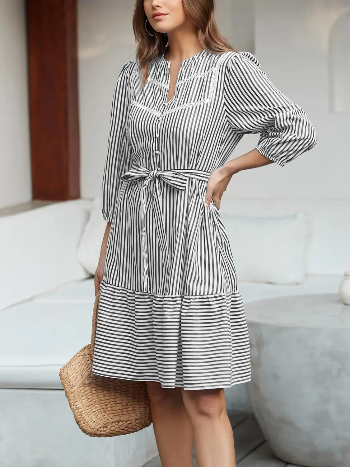 Angashion Women Striped Shirt Dress: Casual V Neck Button Down 3/4 Sleeve Belted Midi Dress Ruffle Flowy with Pockets