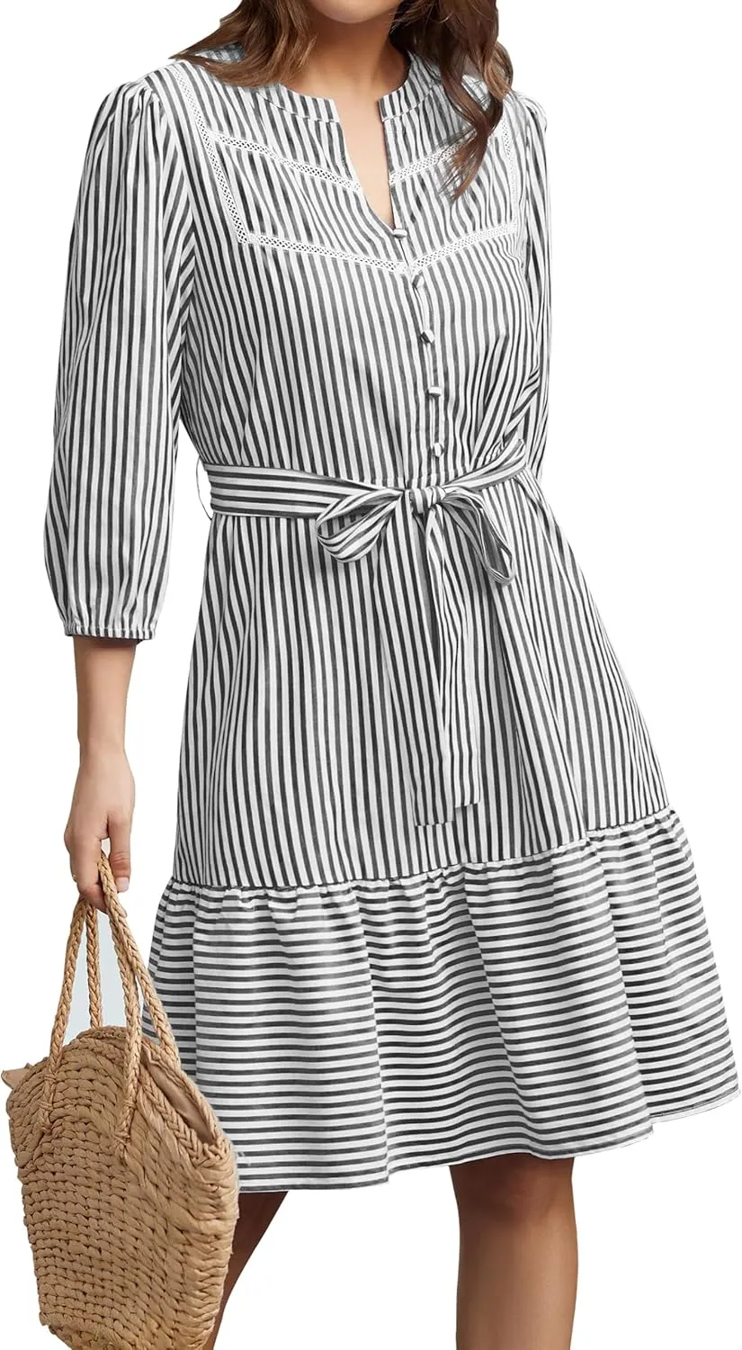 Angashion Women Striped Shirt Dress: Casual V Neck Button Down 3/4 Sleeve Belted Midi Dress Ruffle Flowy with Pockets
