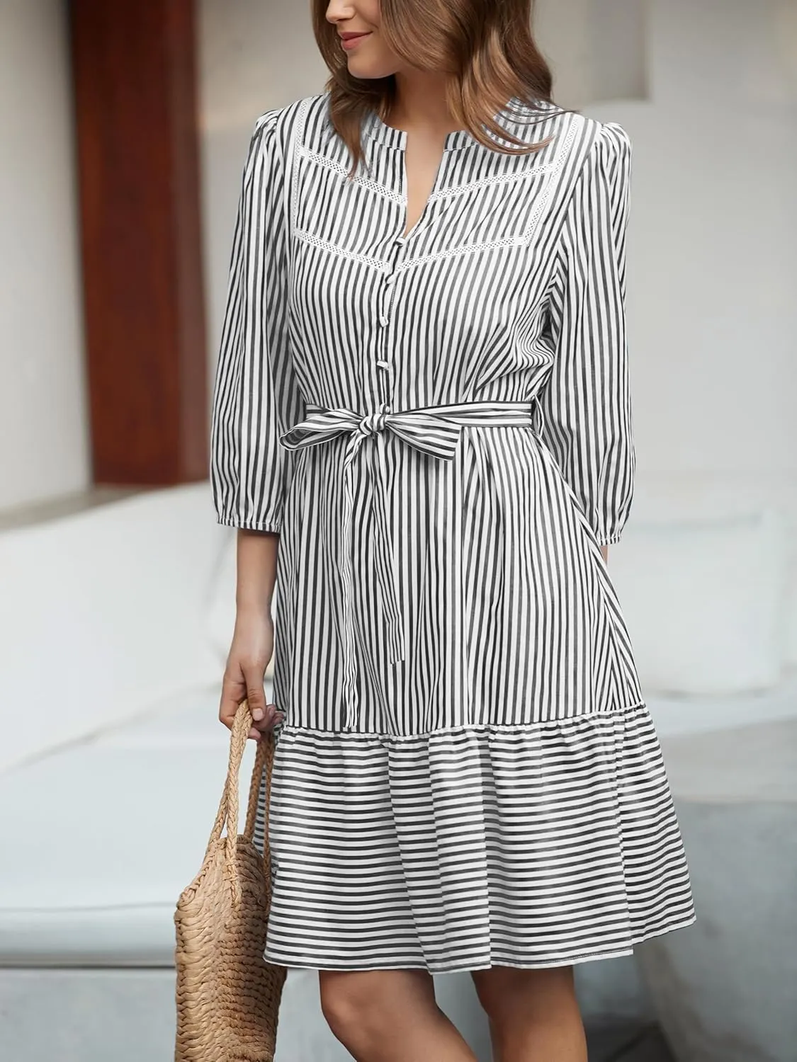 Angashion Women Striped Shirt Dress: Casual V Neck Button Down 3/4 Sleeve Belted Midi Dress Ruffle Flowy with Pockets