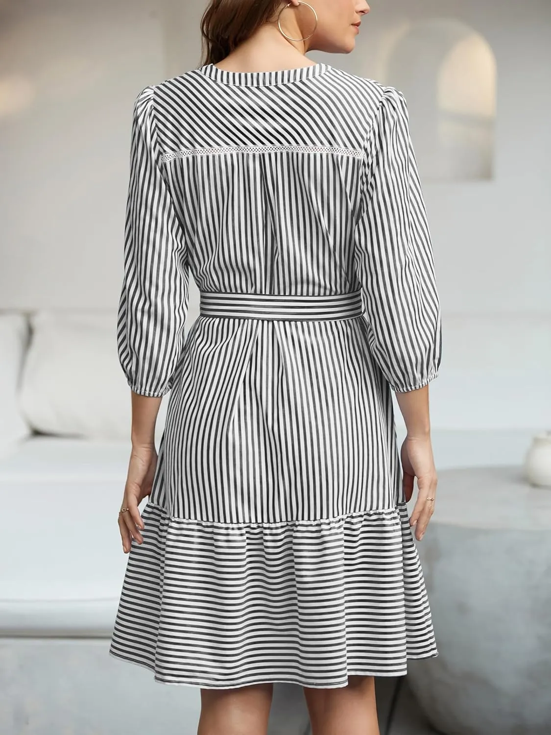 Angashion Women Striped Shirt Dress: Casual V Neck Button Down 3/4 Sleeve Belted Midi Dress Ruffle Flowy with Pockets