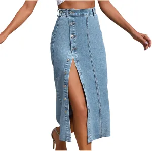 Aniywn Blue Jean Skirts for Women Denim Women's Button Front Denim Skirt High Waisted Split Hem Bodycon Longline Jean Skirts
