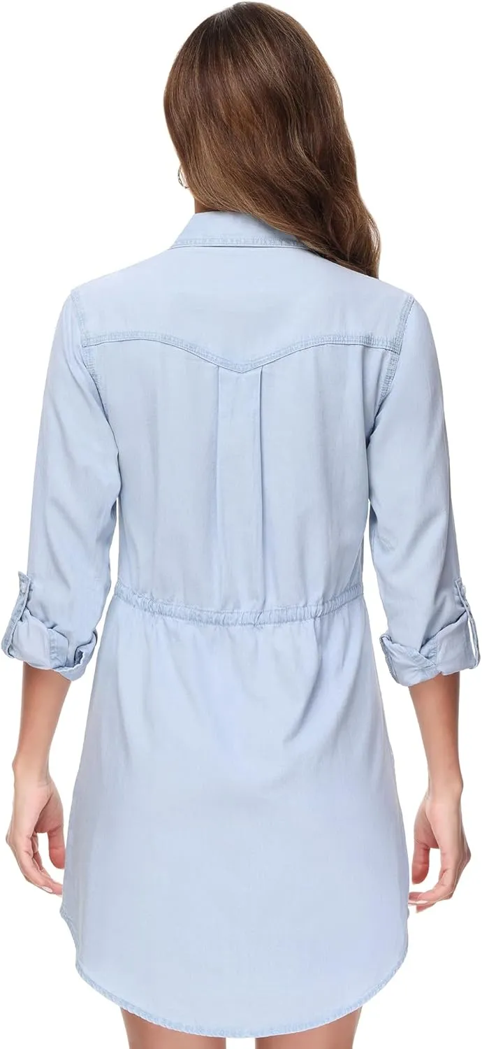 Anna-Kaci Women's Jean Shirt Dress Long Sleeves Waist Ties Casual Short Chambray Denim