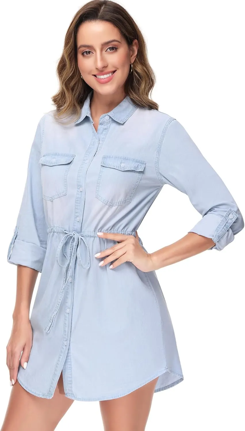 Anna-Kaci Women's Jean Shirt Dress Long Sleeves Waist Ties Casual Short Chambray Denim