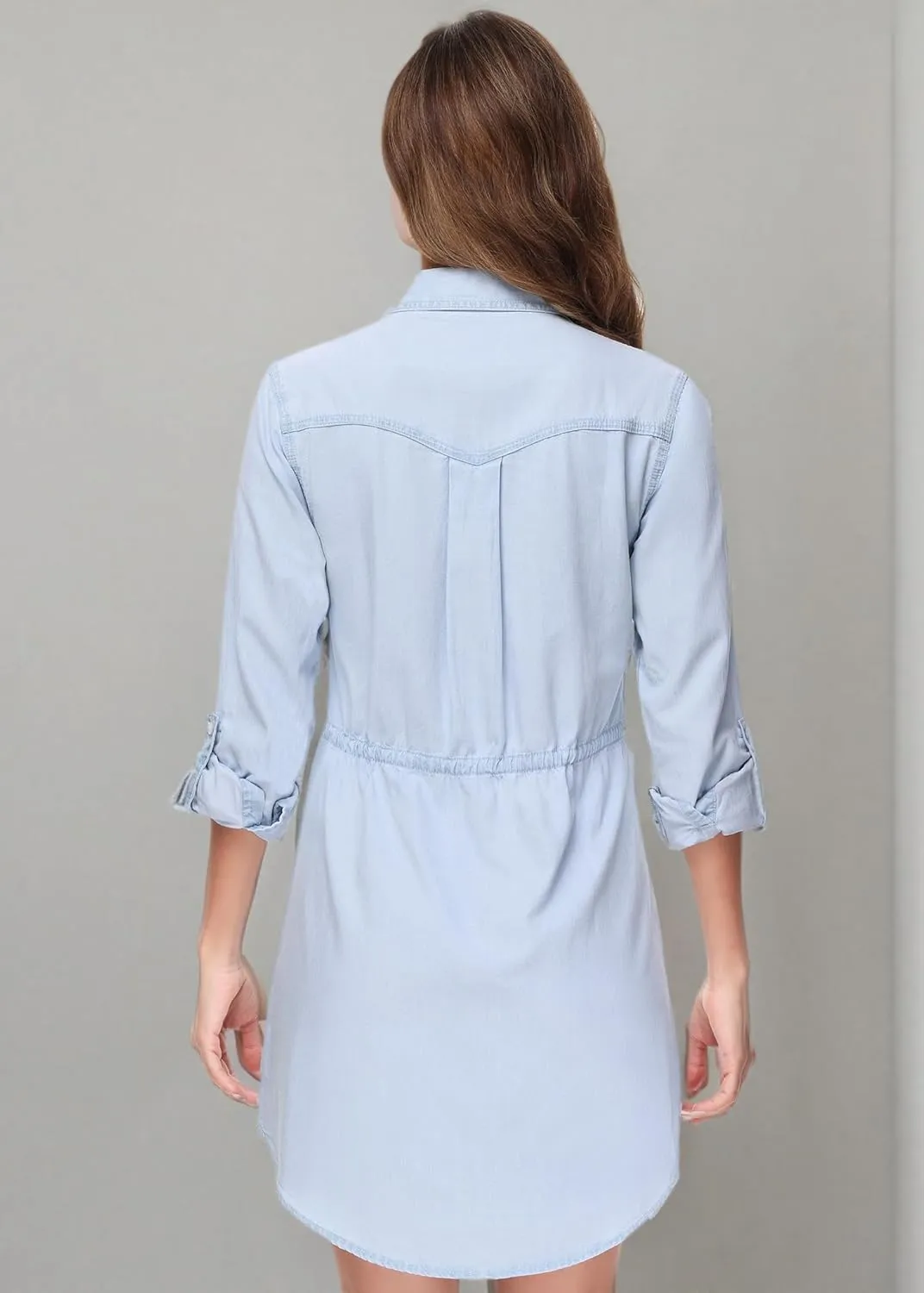 Anna-Kaci Women's Jean Shirt Dress Long Sleeves Waist Ties Casual Short Chambray Denim